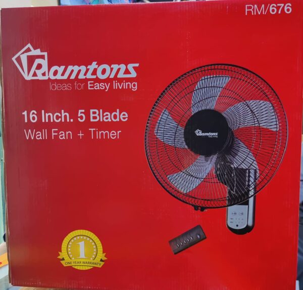 Ramtons 16″ Wall Fan 5 Blades with Remote